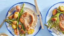 Pork Chop Pan-Roast with Potatoes, Asparagus & Feta Sauce Pork Chop Pan-Roast with Potatoes, Asparagus & Feta Sauce