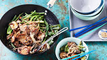 Miso pork with mushrooms, beans and Chinese broccoli Miso pork with mushrooms, beans and Chinese broccoli