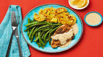 Chophouse-Style Chicken Cutlets with Shallot Sauce, Roasted Squash & Lemony Green Beans Chophouse-Style Chicken Cutlets with Shallot Sauce, Roasted Squash & Lemony Green Beans