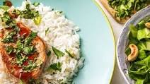 Sweet 'N' Savory Apricot Pork Chops over Ginger Rice with Marinated Bok Choy Salad Sweet 'N' Savory Apricot Pork Chops over Ginger Rice with Marinated Bok Choy Salad