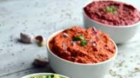 Red Pepper Hummus, Mint Pea Hummus and Beetroot Hummus Red Pepper Hummus, Mint Pea Hummus and Beetroot Hummus