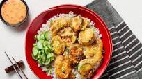 Mushroom & Zucchini Tempura Bowls with Sesame Scallion Rice, Quick-Pickled Cucumber & Sweet Heat Sauce Mushroom & Zucchini Tempura Bowls with Sesame Scallion Rice, Quick-Pickled Cucumber & Sweet Heat Sauce