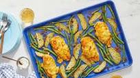 Sheet Pan Cheesy Chicken with Potatoes, Green Beans & Tzatziki Sheet Pan Cheesy Chicken with Potatoes, Green Beans & Tzatziki
