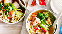 Udon noodle soup with crispy pork belly Udon noodle soup with crispy pork belly