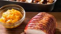 One-Pan Bacon-Wrapped Pork Loin with Roasted Red Potatoes and Peach Sauce One-Pan Bacon-Wrapped Pork Loin with Roasted Red Potatoes and Peach Sauce