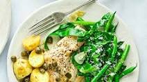 Chicken piccata with garlicky greens & new potatoes Chicken piccata with garlicky greens & new potatoes