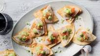 Citrus-cured kingfish tostadas with wasabi avocado cream Citrus-cured kingfish tostadas with wasabi avocado cream