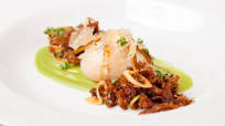 Sous vide Peking duck with slow-cooked duck egg, spring onion purée, cucumber and pancake crumb Sous vide Peking duck with slow-cooked duck egg, spring onion purée, cucumber and pancake crumb