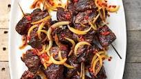 Pulehu Steak Tip Skewers with Maui Onion Finadene Sauce Pulehu Steak Tip Skewers with Maui Onion Finadene Sauce