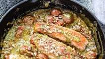Creamy Pesto Salmon with Roasted Tomatoes and Pecans Creamy Pesto Salmon with Roasted Tomatoes and Pecans