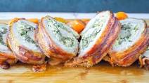Bacon Wrapped Pork Loin Stuffed with Herbed Goat Cheese, Spinach, & Mushrooms Bacon Wrapped Pork Loin Stuffed with Herbed Goat Cheese, Spinach, & Mushrooms