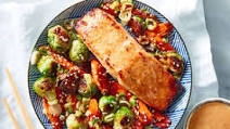 Miso-Honey Glazed Salmon with Sticky Crispy Brussels & Carrots Miso-Honey Glazed Salmon with Sticky Crispy Brussels & Carrots