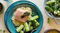 Salmon chermoula with cucumber salad and preserved lemon-couscous Salmon chermoula with cucumber salad and preserved lemon-couscous
