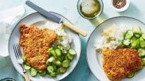 Crispy Pork Cutlets with Rice and Quick-Pickled Cucumbers Crispy Pork Cutlets with Rice and Quick-Pickled Cucumbers