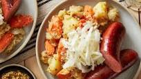 Beef Knockwurst & Sauerkraut with Potato Salad & Whole Grain Mustard Beef Knockwurst & Sauerkraut with Potato Salad & Whole Grain Mustard
