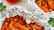 Moroccan Salmon Foil Packets with Carrot Noodles & Chickpeas Moroccan Salmon Foil Packets with Carrot Noodles & Chickpeas