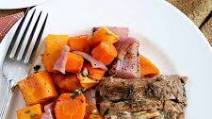 Balsamic Dijon Pork Loin with Sweet Potatoes, Onions, & Carrots Balsamic Dijon Pork Loin with Sweet Potatoes, Onions, & Carrots
