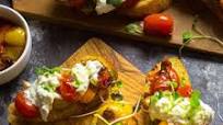 Crostini With Blistered Cherry Tomatoes, Burrata and Chive Oil Recipe Crostini With Blistered Cherry Tomatoes, Burrata and Chive Oil Recipe