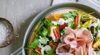 Gluten Free Focaccia with Fresh Rocket, Stracciatella Cheese, Tomatoes and Cured Ham Gluten Free Focaccia with Fresh Rocket, Stracciatella Cheese, Tomatoes and Cured Ham