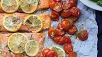 Baked salmon fillet with lemon, dill and roasted tomatoes Baked salmon fillet with lemon, dill and roasted tomatoes