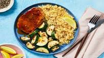Brown Sugar-Glazed Pork Chops with Garlic Herb Couscous and Roasted Zucchini Brown Sugar-Glazed Pork Chops with Garlic Herb Couscous and Roasted Zucchini