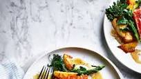 Slow-roast pork with rosemary potatoes and sprouting broccoli Slow-roast pork with rosemary potatoes and sprouting broccoli