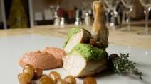 Guinea fowl breast crusted with Maille fine herbs mustard, cipollini onions, baked beans purée. Guinea fowl breast crusted with Maille fine herbs mustard, cipollini onions, baked beans purée.