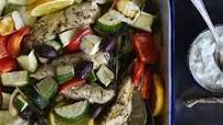 Low Carb One Pan Greek Baked Chicken Dinner with Tzatziki Sauce Low Carb One Pan Greek Baked Chicken Dinner with Tzatziki Sauce