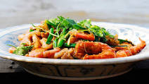 Mekong school prawns stir-fried with pork belly Mekong school prawns stir-fried with pork belly