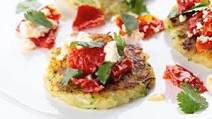 Crispy courgette & potato pancakes with crumbled feta, sun-dried tomatoes & coriander Crispy courgette & potato pancakes with crumbled feta, sun-dried tomatoes & coriander