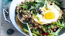 Minced pork with chillies, Thai basil and fried egg Minced pork with chillies, Thai basil and fried egg