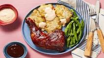 BBQ-Glazed Chicken Legs with Cheesy Smashed Fingerlings & Roasted Green Beans BBQ-Glazed Chicken Legs with Cheesy Smashed Fingerlings & Roasted Green Beans