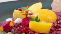 Recipe for Beetroot tartare with fake egg yolk and sourdough crackers Recipe for Beetroot tartare with fake egg yolk and sourdough crackers