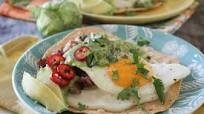 Huevos Rancheros Tostadas with Creamy Tomatillo Salsa Huevos Rancheros Tostadas with Creamy Tomatillo Salsa