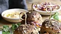 Baked Pine Nut Falafel Sliders with Hummus Slaw Baked Pine Nut Falafel Sliders with Hummus Slaw