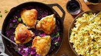 Saucy Skillet Chicken Thighs with Herb-Buttered Noodles & Braised Cabbage Saucy Skillet Chicken Thighs with Herb-Buttered Noodles & Braised Cabbage
