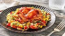 BBQ Chicken Thighs with Cheesy Vegetable Fried Rice BBQ Chicken Thighs with Cheesy Vegetable Fried Rice