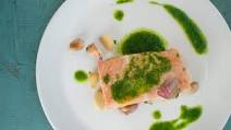 Slow baked coho salmon with roasted garlic, shallots and chive oil Slow baked coho salmon with roasted garlic, shallots and chive oil