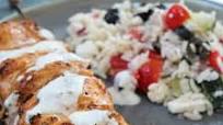 Chicken kebabs with Greek rice salad Chicken kebabs with Greek rice salad
