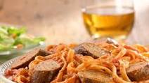 Grilled Sweet Italian Chicken Sausage with Tomato Vodka Sauce over Linguine Grilled Sweet Italian Chicken Sausage with Tomato Vodka Sauce over Linguine
