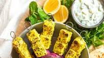 Paneer skewers with raita and naan Paneer skewers with raita and naan