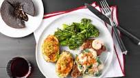 Scampi Rockefeller over NY Strip Steak with Chocolate Lava Cake and loaded baked potato with broccolini Scampi Rockefeller over NY Strip Steak with Chocolate Lava Cake and loaded baked potato with broccolini