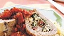Spinach, Pesto, and Feta-Stuffed Pork Tenderloin with Chunky Tomato Sauce Spinach, Pesto, and Feta-Stuffed Pork Tenderloin with Chunky Tomato Sauce