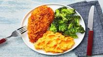 Cheddar-Crusted Chicken with Buttery Mashed Sweet Potatoes and Roasted Broccoli Cheddar-Crusted Chicken with Buttery Mashed Sweet Potatoes and Roasted Broccoli