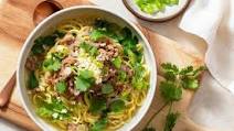 Taiwanese noodle soup with ground pork and baby greens Taiwanese noodle soup with ground pork and baby greens