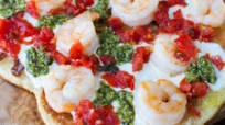 Grilled Pizza with Shrimp, Chunky Tomato Sauce, and Pesto Grilled Pizza with Shrimp, Chunky Tomato Sauce, and Pesto