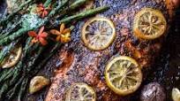 One Pan Lemon Salmon, Roasted Potatoes and Parmesan Asparagus. One Pan Lemon Salmon, Roasted Potatoes and Parmesan Asparagus.