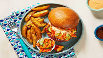 Hoisin Pork Burgers with Sesame Cucumber-Carrot Slaw, Sriracha Mayo, and Potato Wedges Hoisin Pork Burgers with Sesame Cucumber-Carrot Slaw, Sriracha Mayo, and Potato Wedges