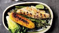 Grilled fish with chilli-lime corn and asparagus Grilled fish with chilli-lime corn and asparagus
