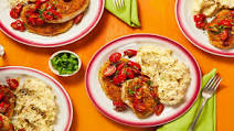 Crispy Pork Milanese with Cheesy Potatoes and Blistered Tomatoes Crispy Pork Milanese with Cheesy Potatoes and Blistered Tomatoes
